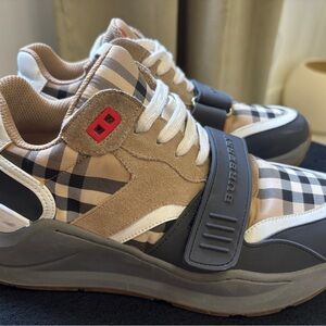 Burberry Tan Beige Check Suede & Rubber Sneakers